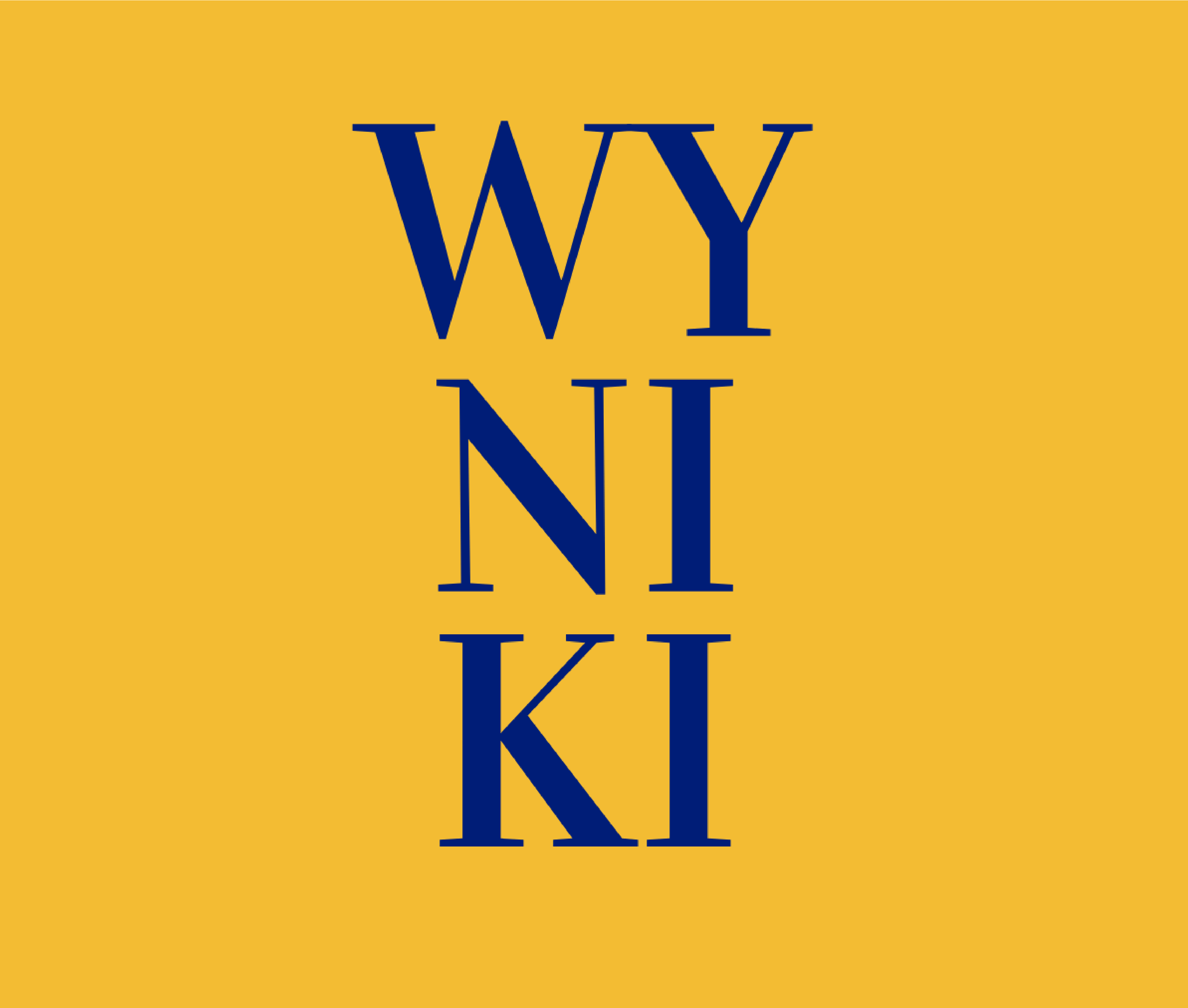 Na żółtym tle niebieski napis w trzech wierszach 'WY-NI-KI'