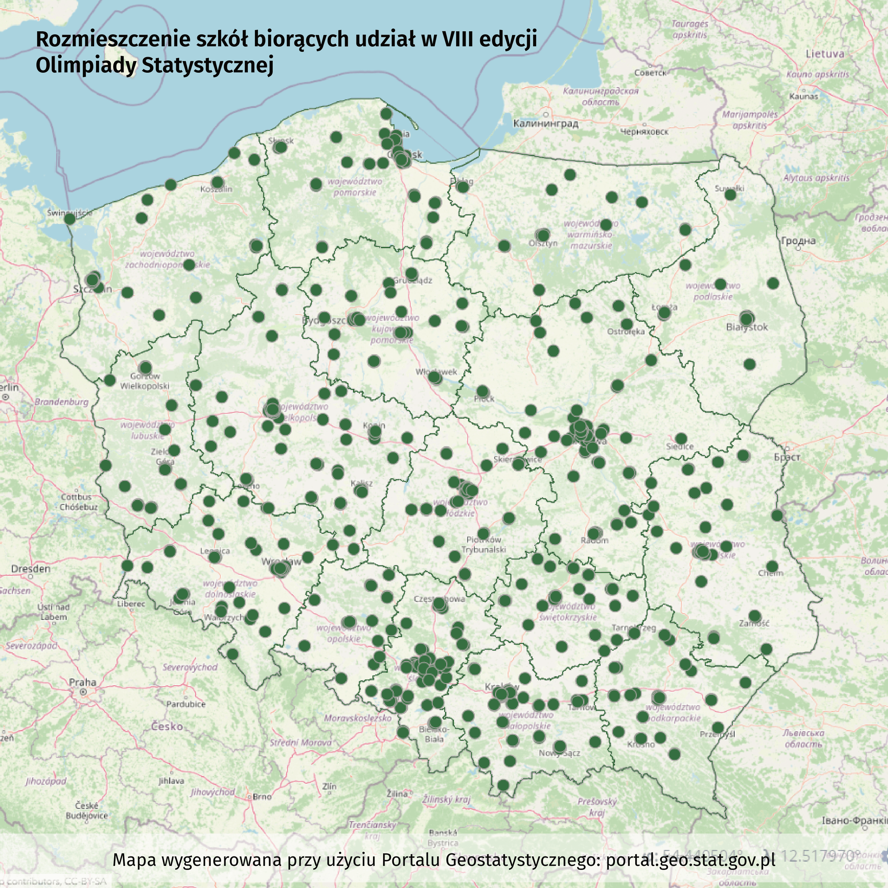 Mapa Polski z naniesionymi szkołami biorącymi udział w Olimpiadzie Statystycznej. Głównymi skupiskami są Metropolia Górnośląska oraz Warszawa. Najmniej szkół w województwach północnych
